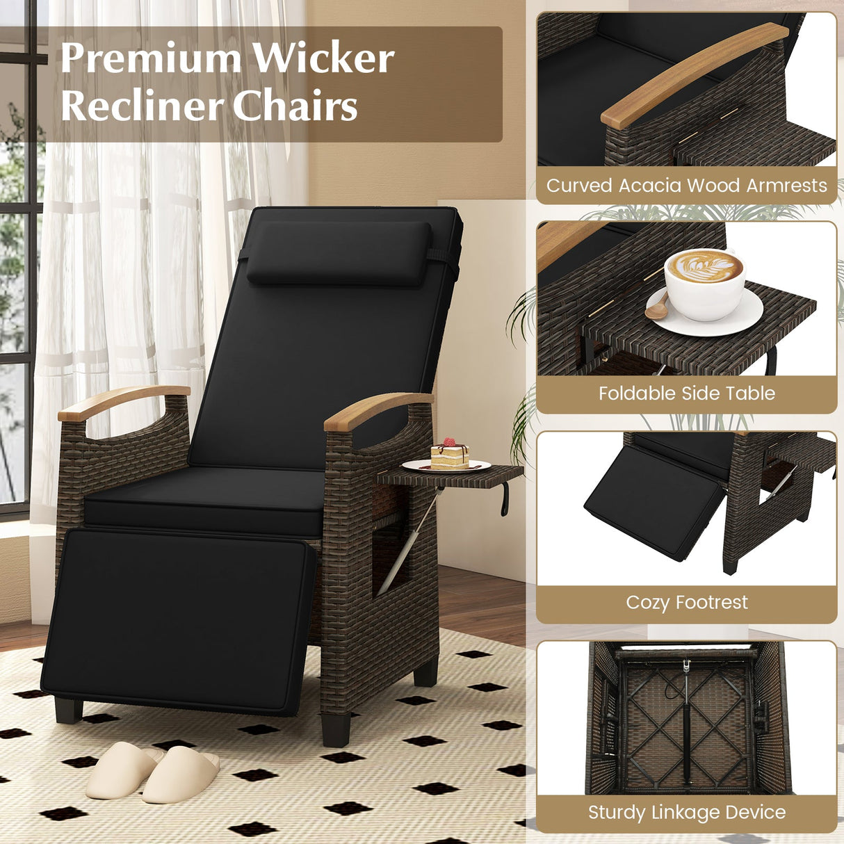 Sillón reclinable de mimbre para patio con respaldo y reposapiés ajustables
