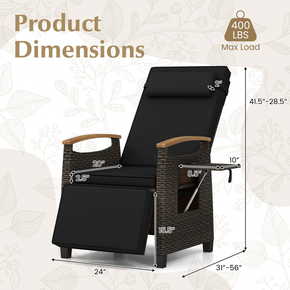 Sillón reclinable de mimbre para patio con respaldo y reposapiés ajustables