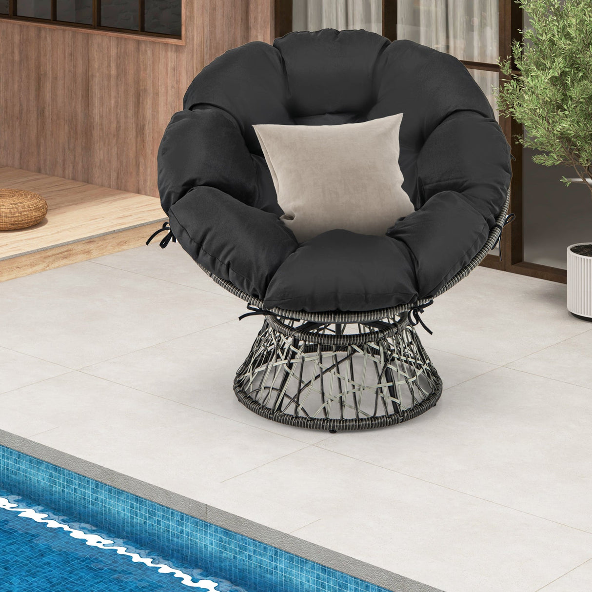 Sillón Papasan de Mimbre de PE con Cojín Grueso y Extraíble - Negro