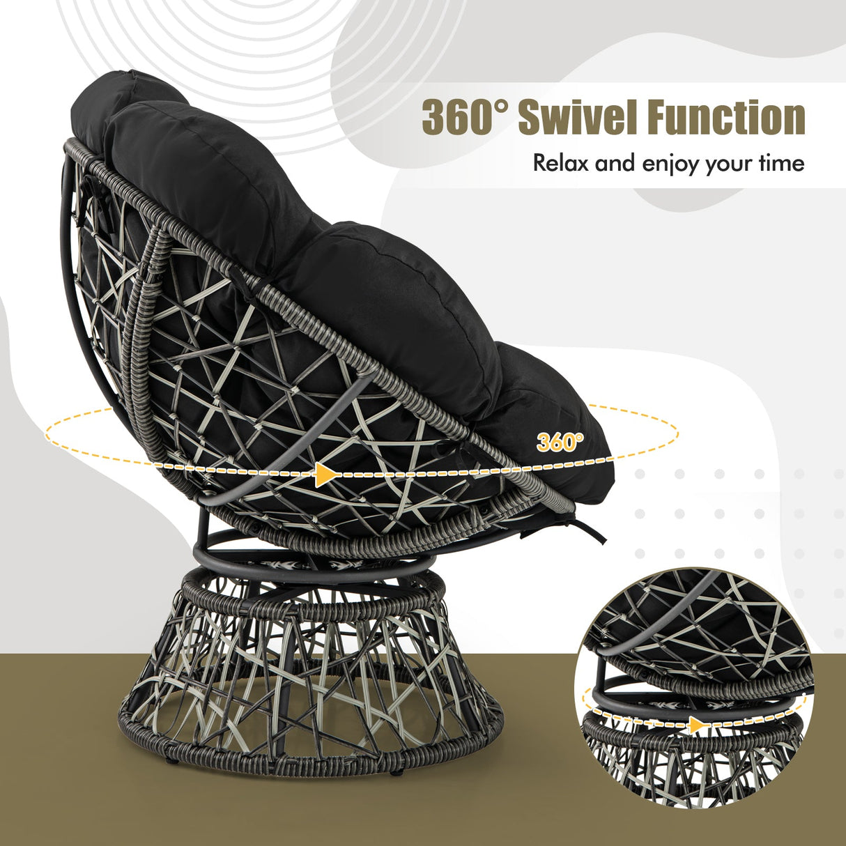 Sillón Papasan de Mimbre de PE con Cojín Grueso y Extraíble - Negro