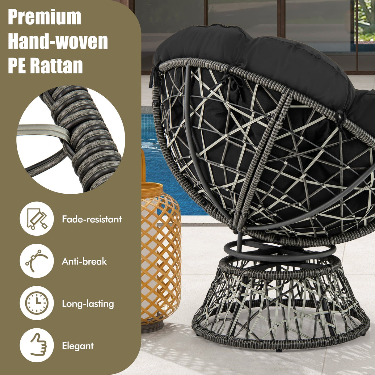 Sillón Papasan de Mimbre de PE con Cojín Grueso y Extraíble - Negro