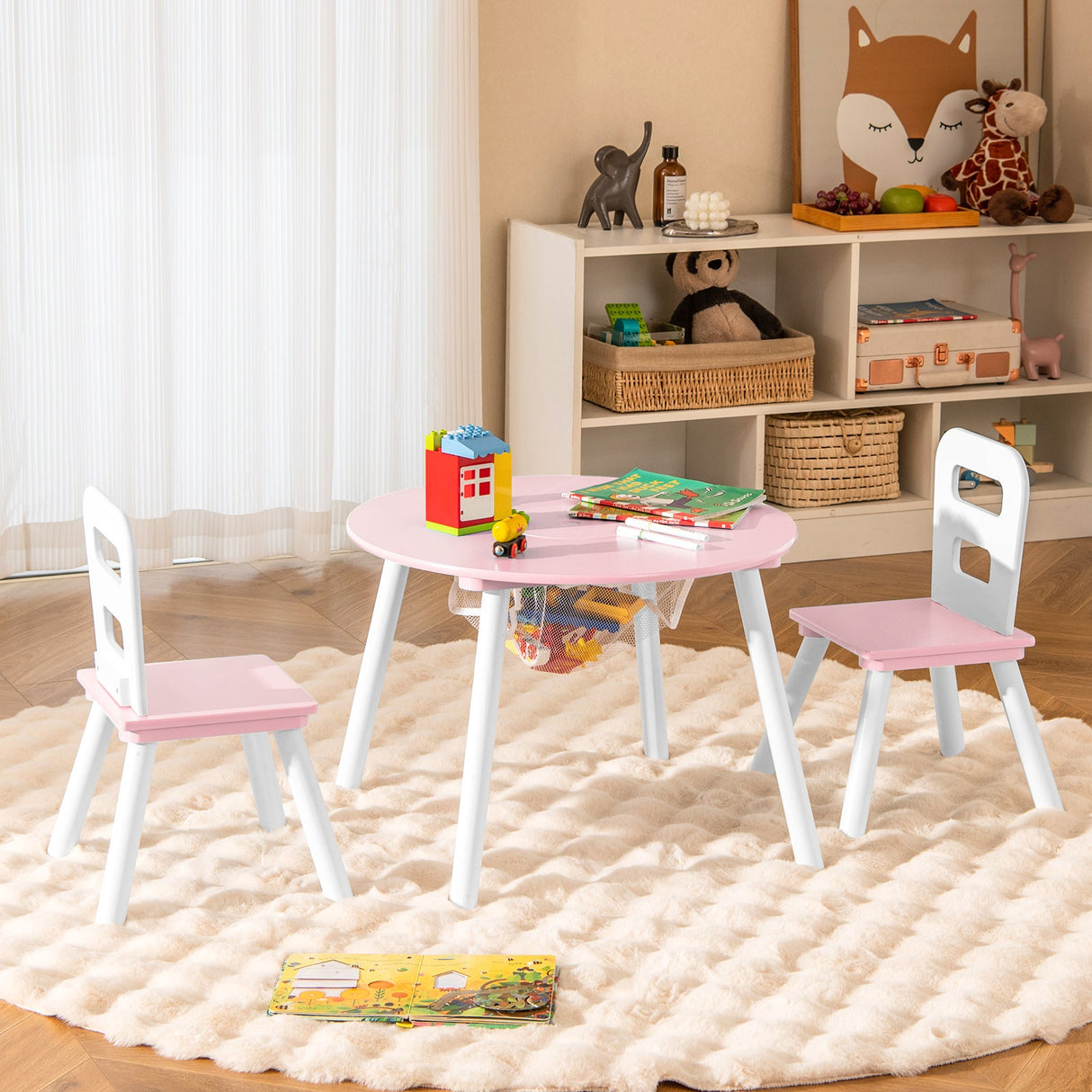 Mesa y Sillas de Madera para Niños con Almacenamiento Central de Malla para Merienda y Deberes - Rosa