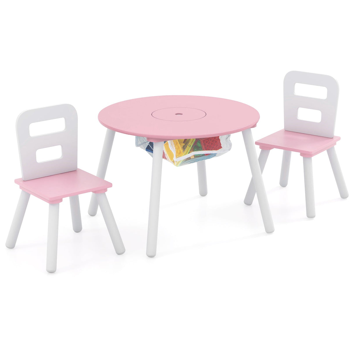 Mesa y Sillas de Madera para Niños con Almacenamiento Central de Malla para Merienda y Deberes - Rosa
