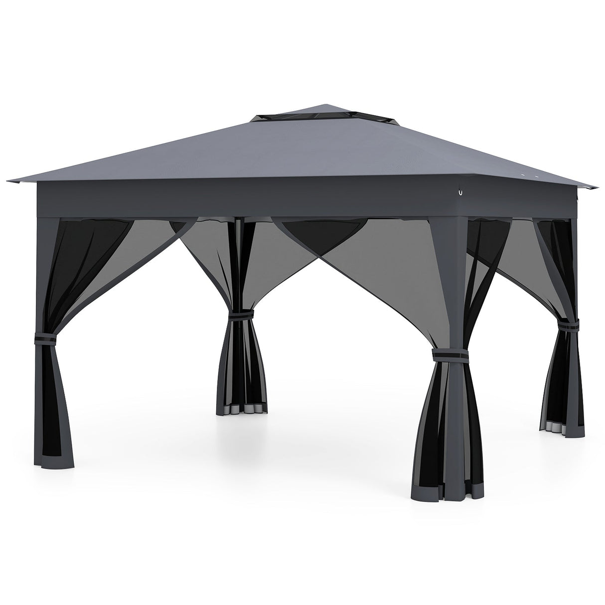 Cenador plegable de 11 x 11 pies con mosquitero y techo doble - Gris