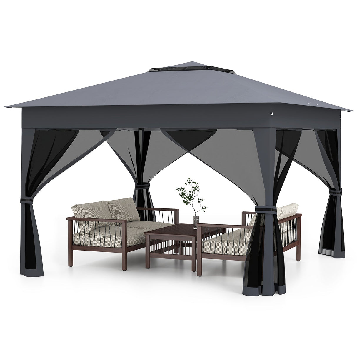 Cenador plegable de 11 x 11 pies con mosquitero y techo doble - Gris
