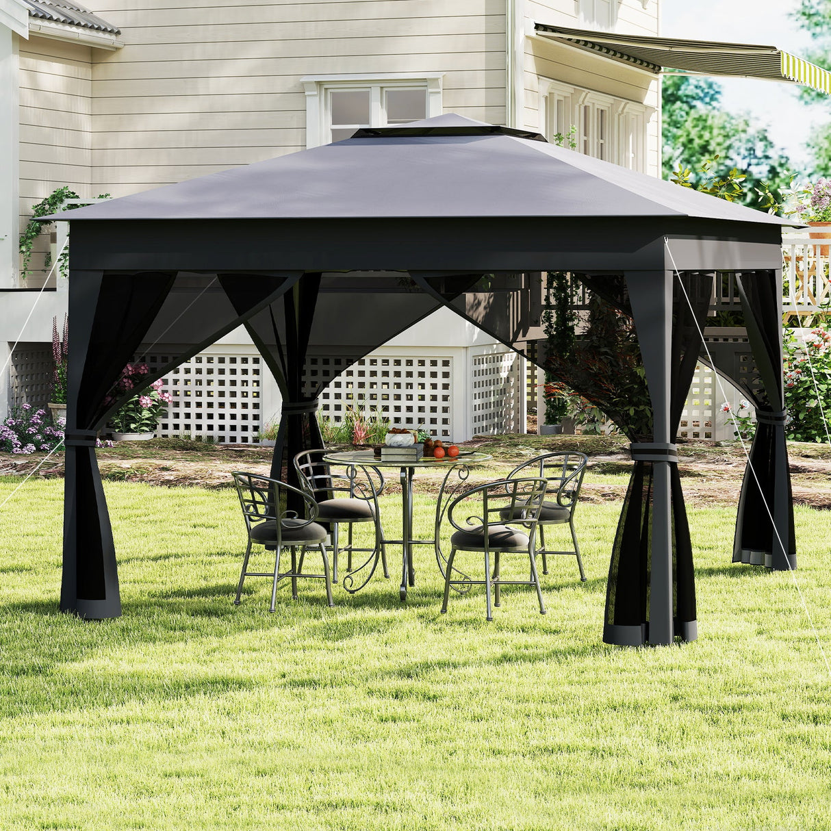 Cenador plegable de 11 x 11 pies con mosquitero y techo doble - Gris