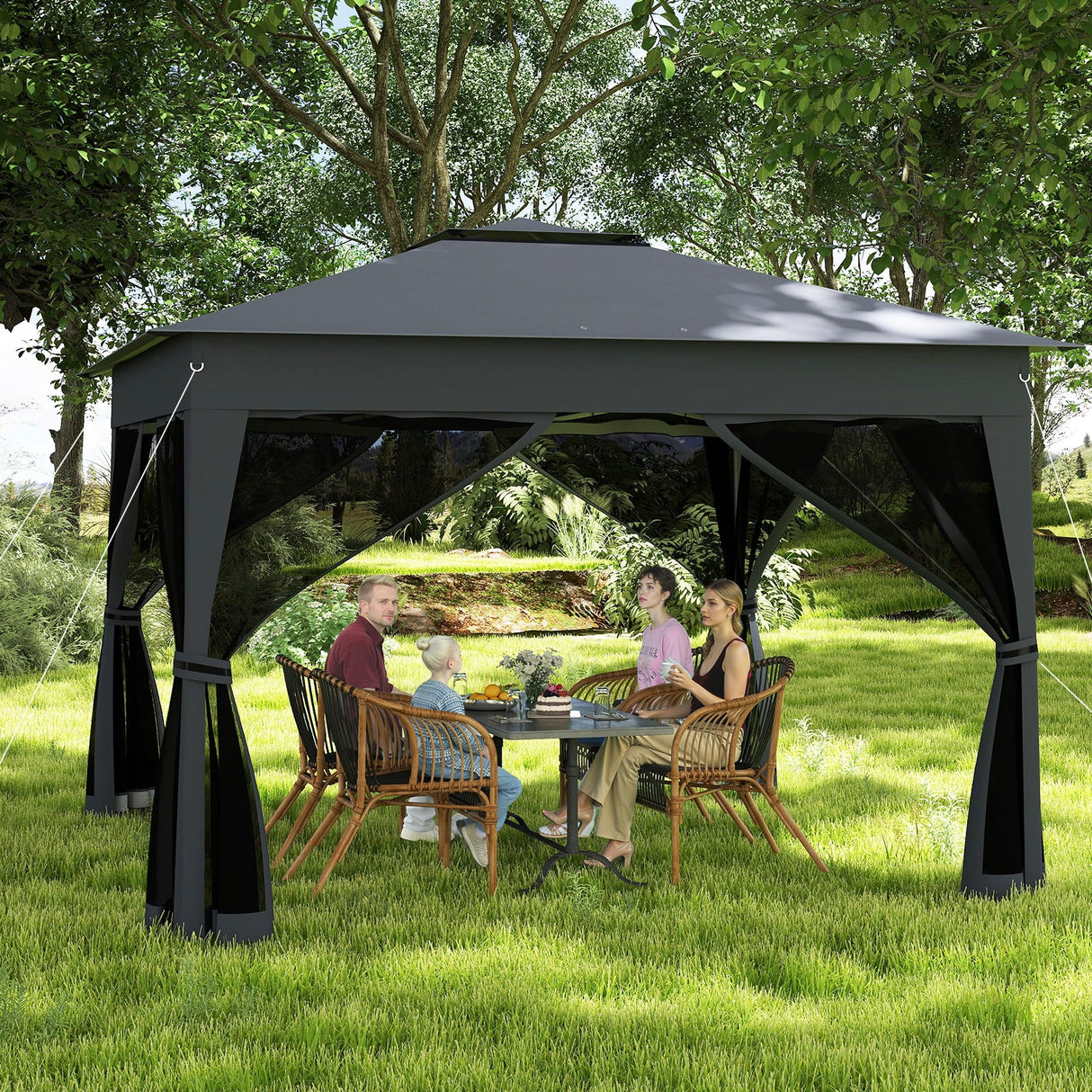Cenador plegable de 11 x 11 pies con mosquitero y techo doble - Gris