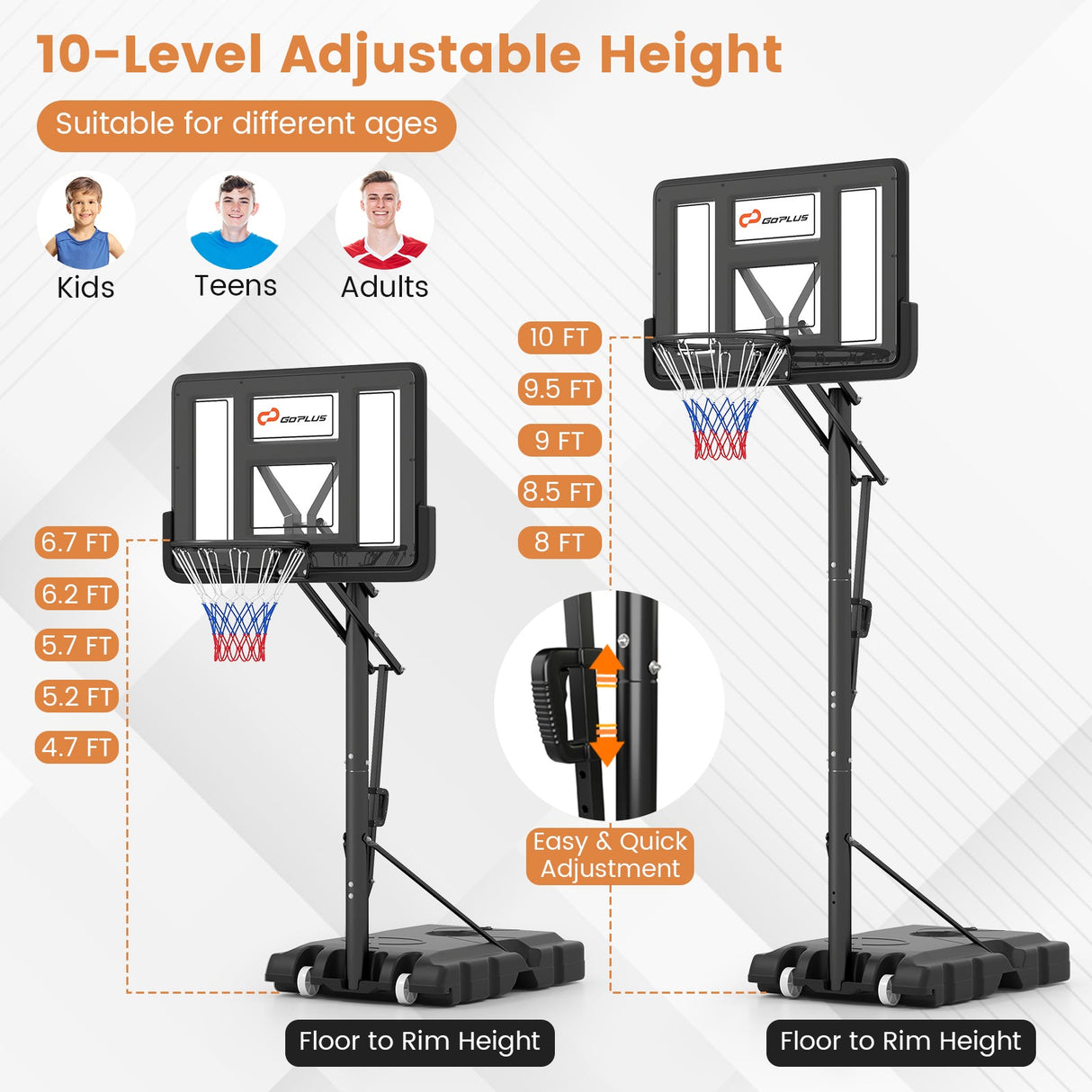 Canasta de baloncesto portátil con altura ajustable de 4.6 a 10 pies y 10 niveles