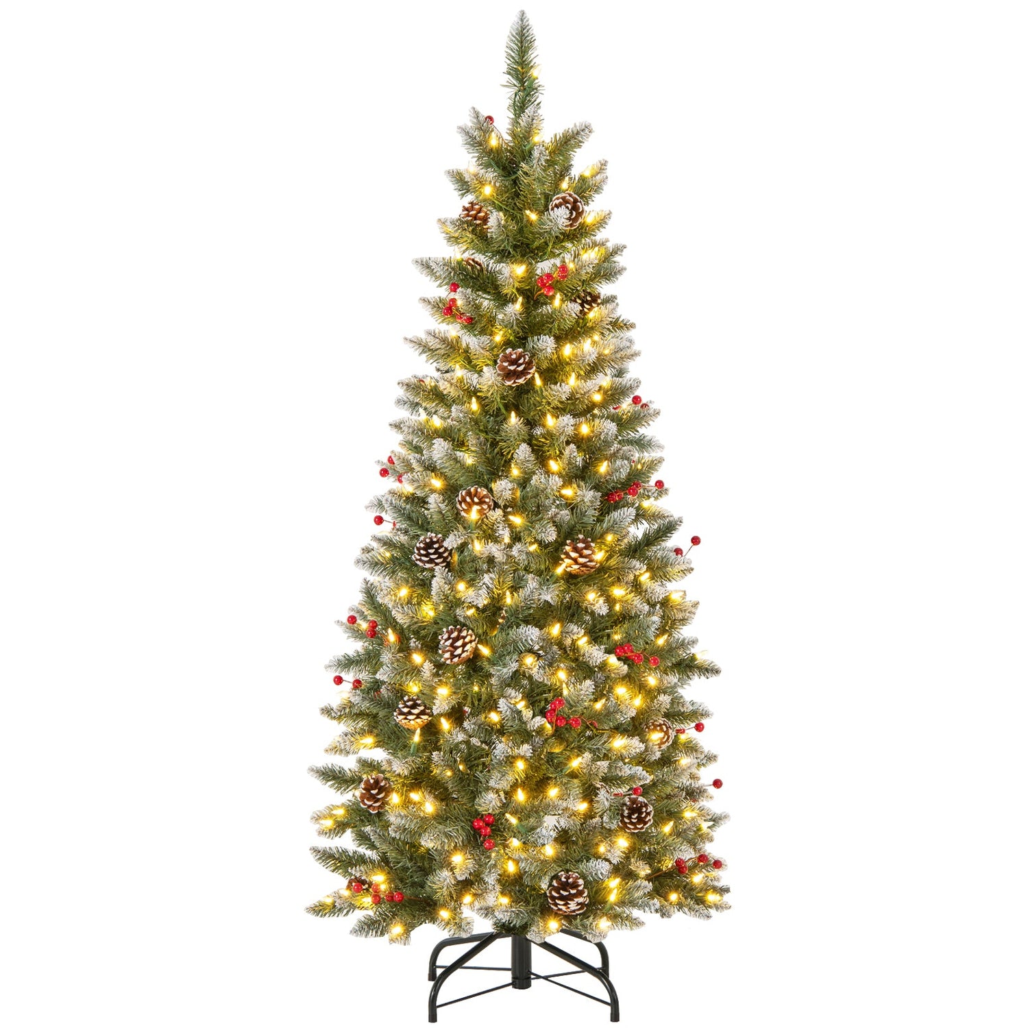 Árbol de Navidad artificial preiluminado tipo lápiz con piñas y bayas rojas
