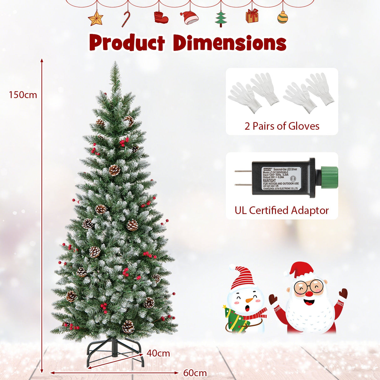 Árbol de Navidad artificial preiluminado tipo lápiz con piñas y bayas rojas