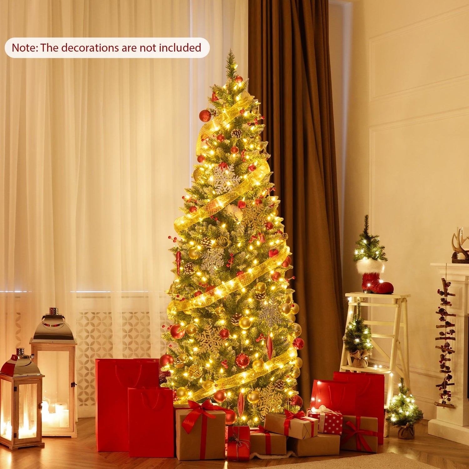Árbol de Navidad artificial preiluminado tipo lápiz con piñas y bayas rojas