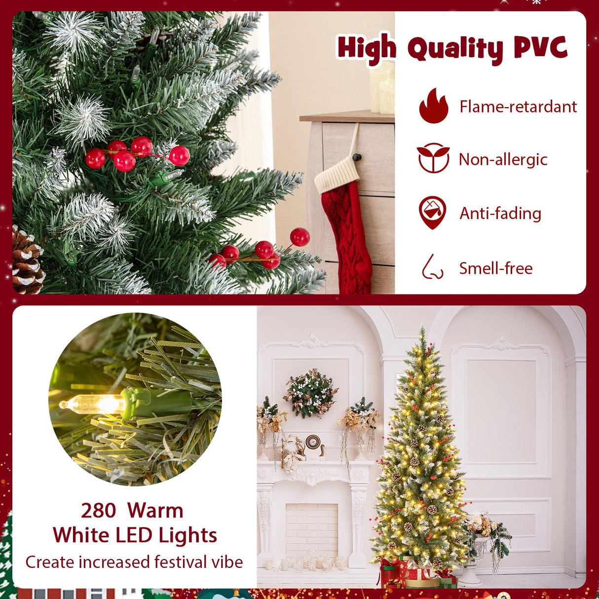 Árbol de Navidad artificial preiluminado tipo lápiz con piñas y bayas rojas