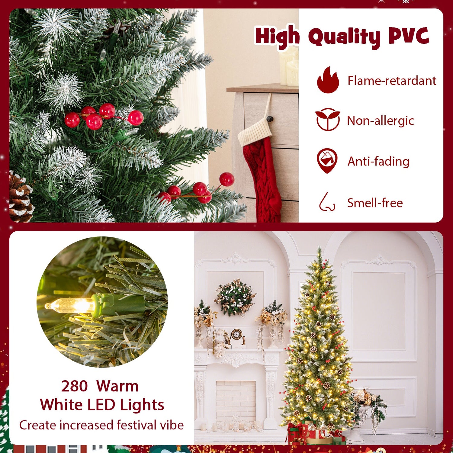 Árbol de Navidad artificial preiluminado tipo lápiz con piñas y bayas rojas