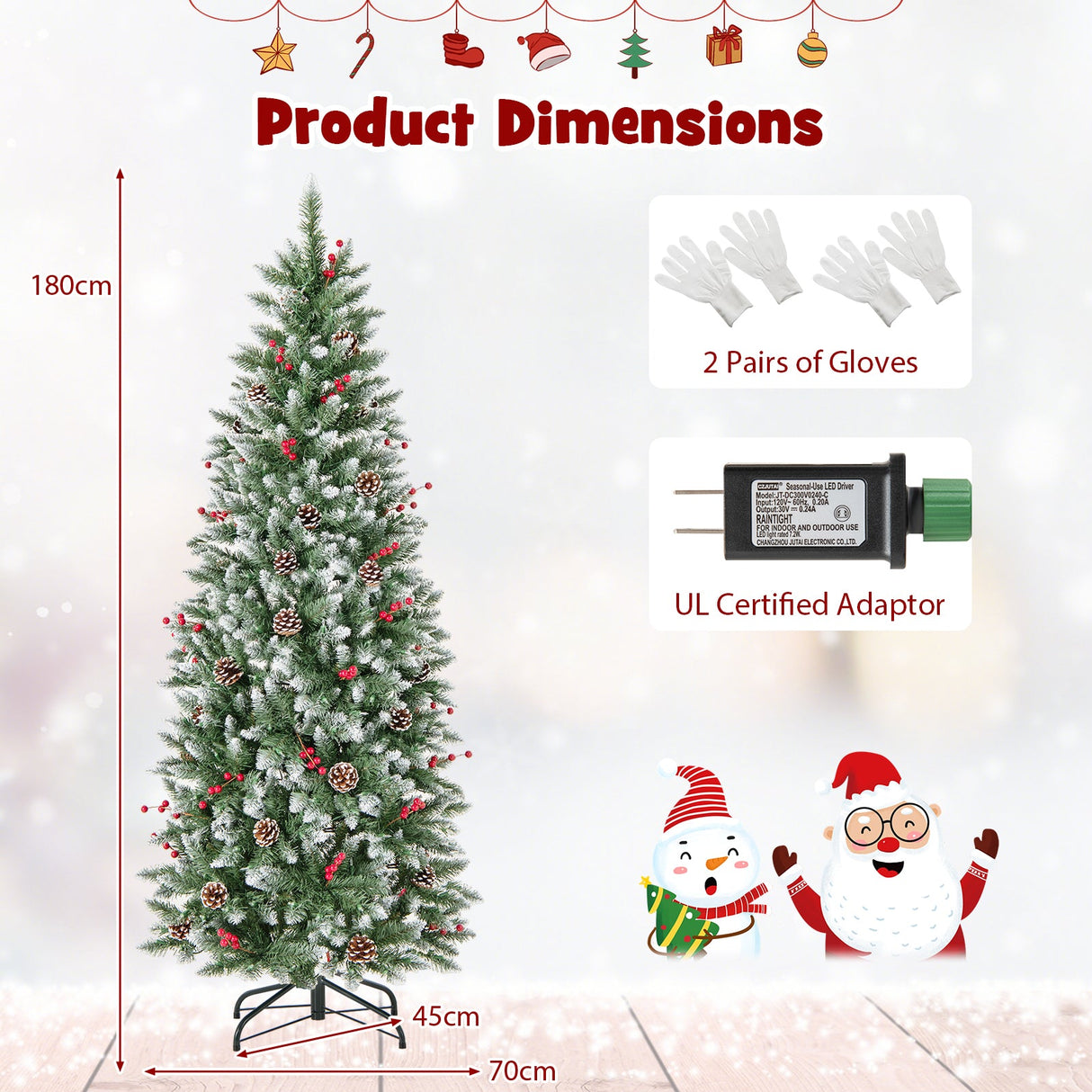 Árbol de Navidad artificial preiluminado tipo lápiz con piñas y bayas rojas