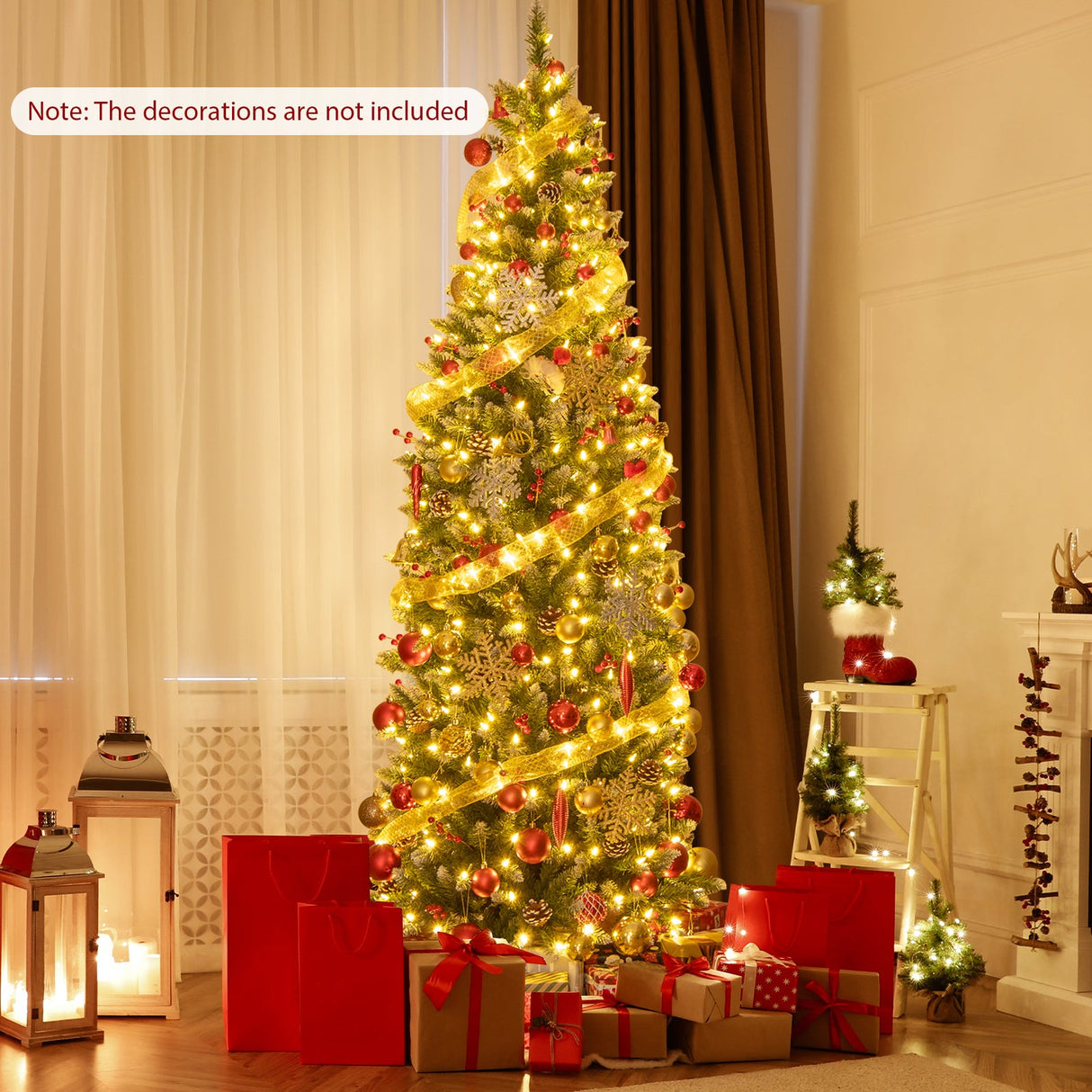 Árbol de Navidad artificial preiluminado tipo lápiz con piñas y bayas rojas