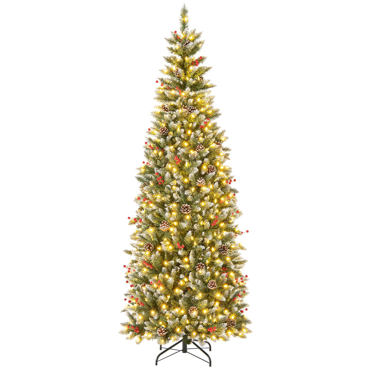 Árbol de Navidad artificial preiluminado tipo lápiz con piñas y bayas rojas