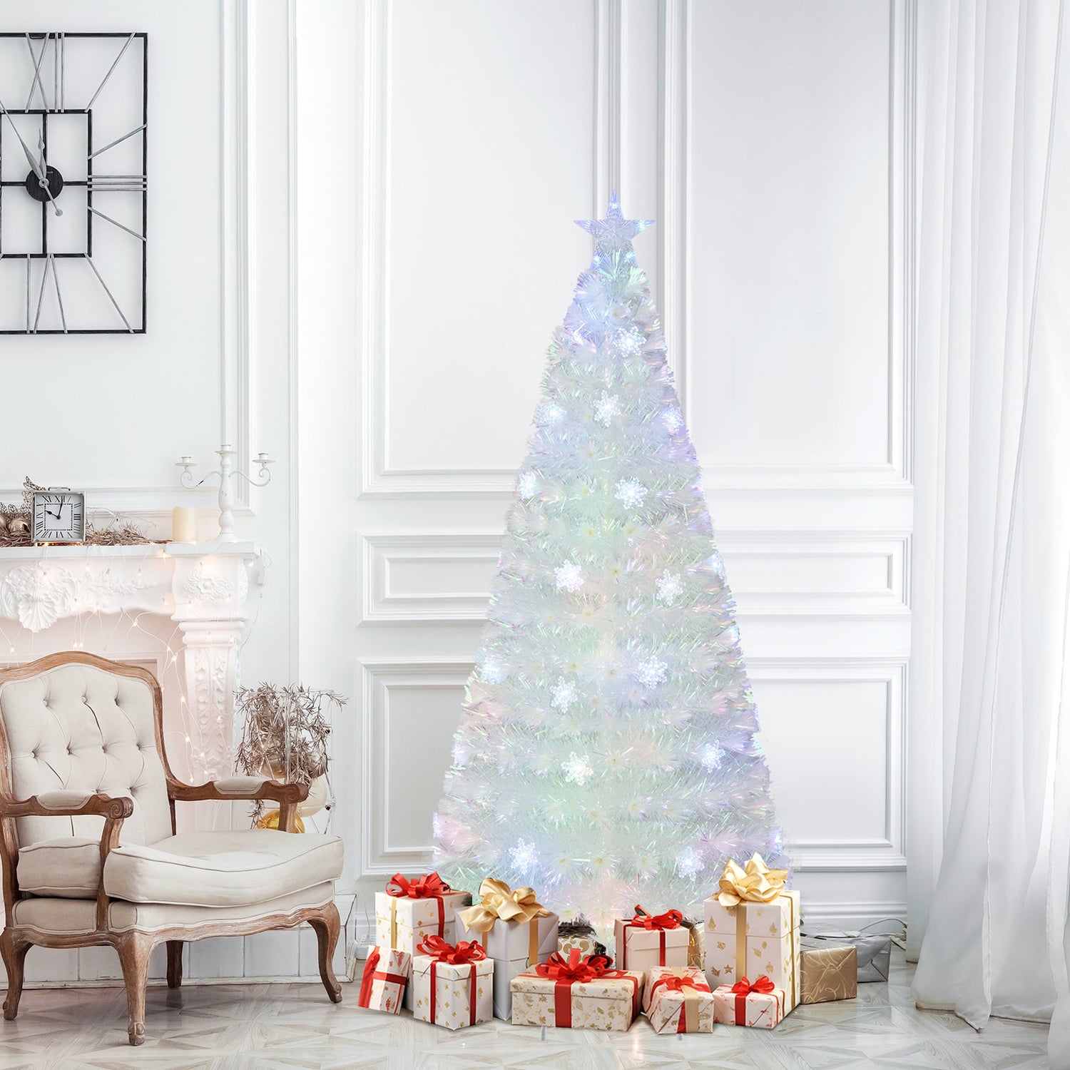 Árbol de Navidad Artificial Blanco Prelit de 5/6/7 pies con Hojas Iridiscentes
