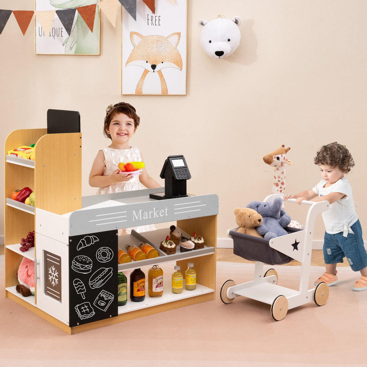 Juego de tienda de comestibles de juguete con carrito de compras y 2 pizarras - Blanco