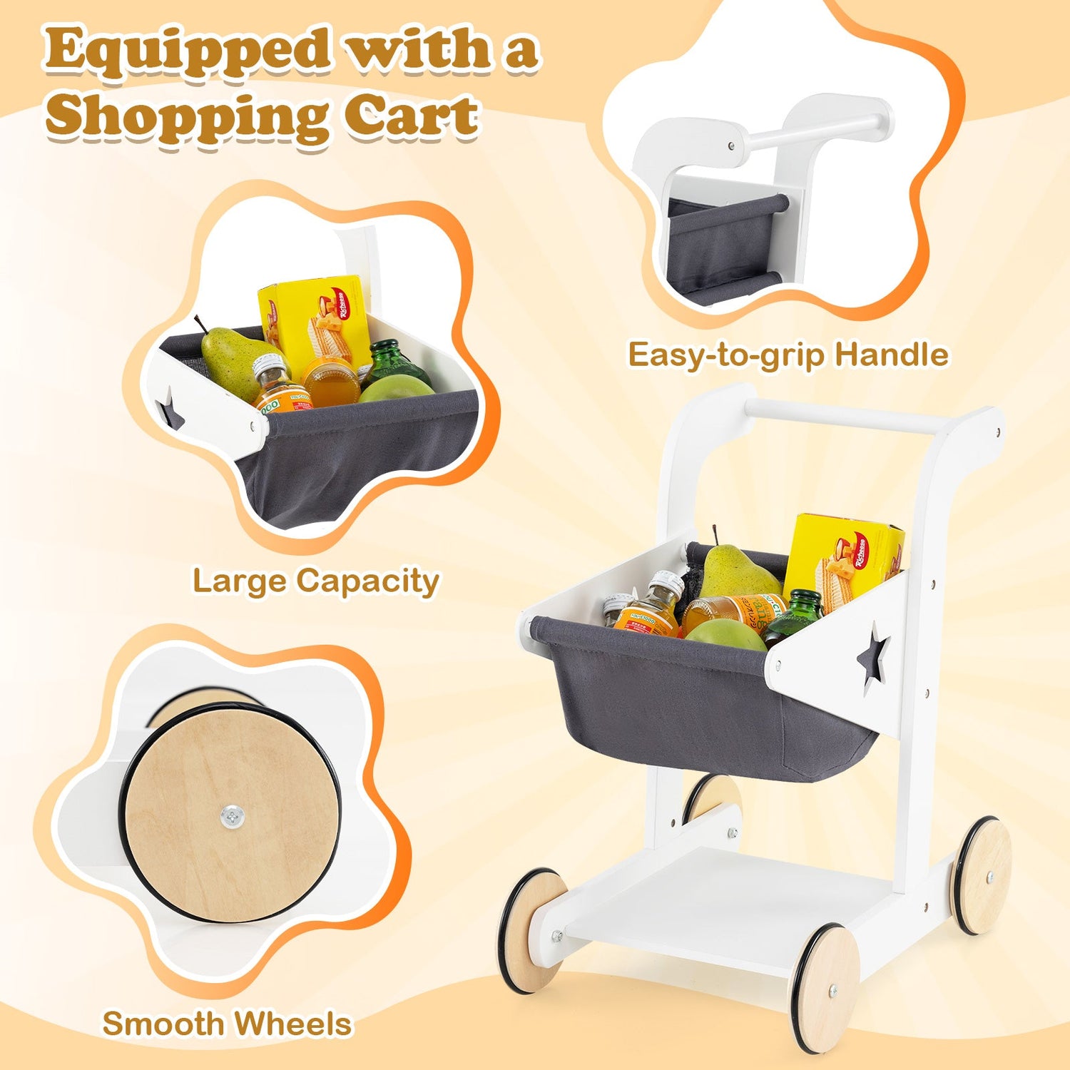 Juego de tienda de comestibles de juguete con carrito de compras y 2 pizarras - Blanco