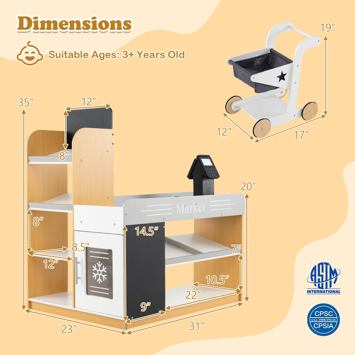 Juego de tienda de comestibles de juguete con carrito de compras y 2 pizarras - Blanco