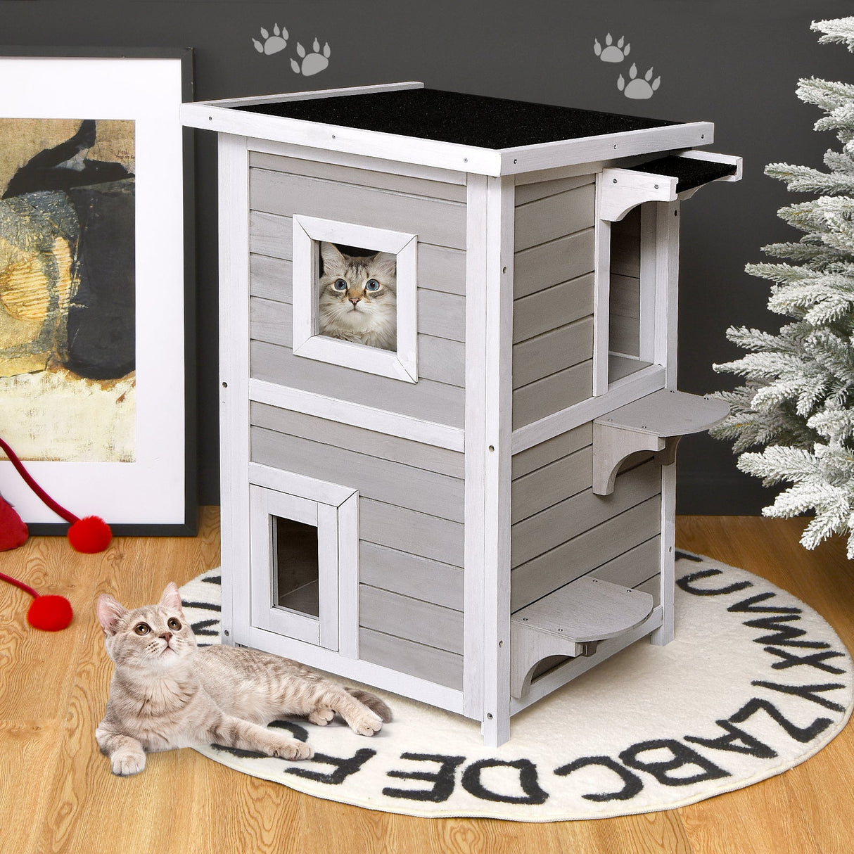Casa de madera para gatos de 2 pisos con puerta de escape a prueba de lluvia