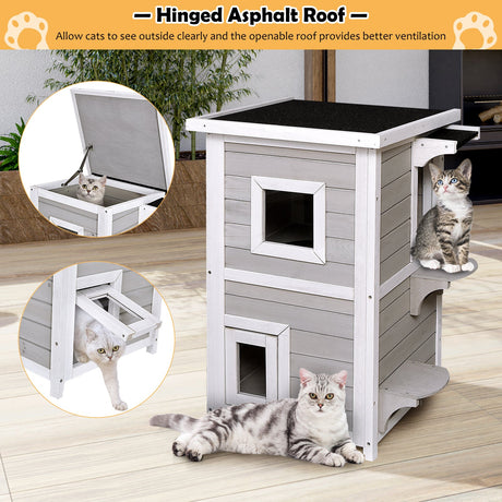Casa de madera para gatos de 2 pisos con puerta de escape a prueba de lluvia
