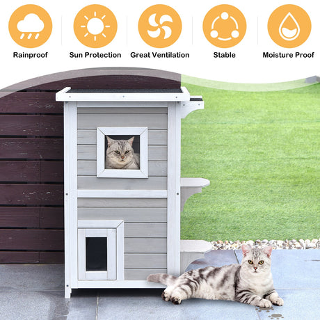 Casa de madera para gatos de 2 pisos con puerta de escape a prueba de lluvia