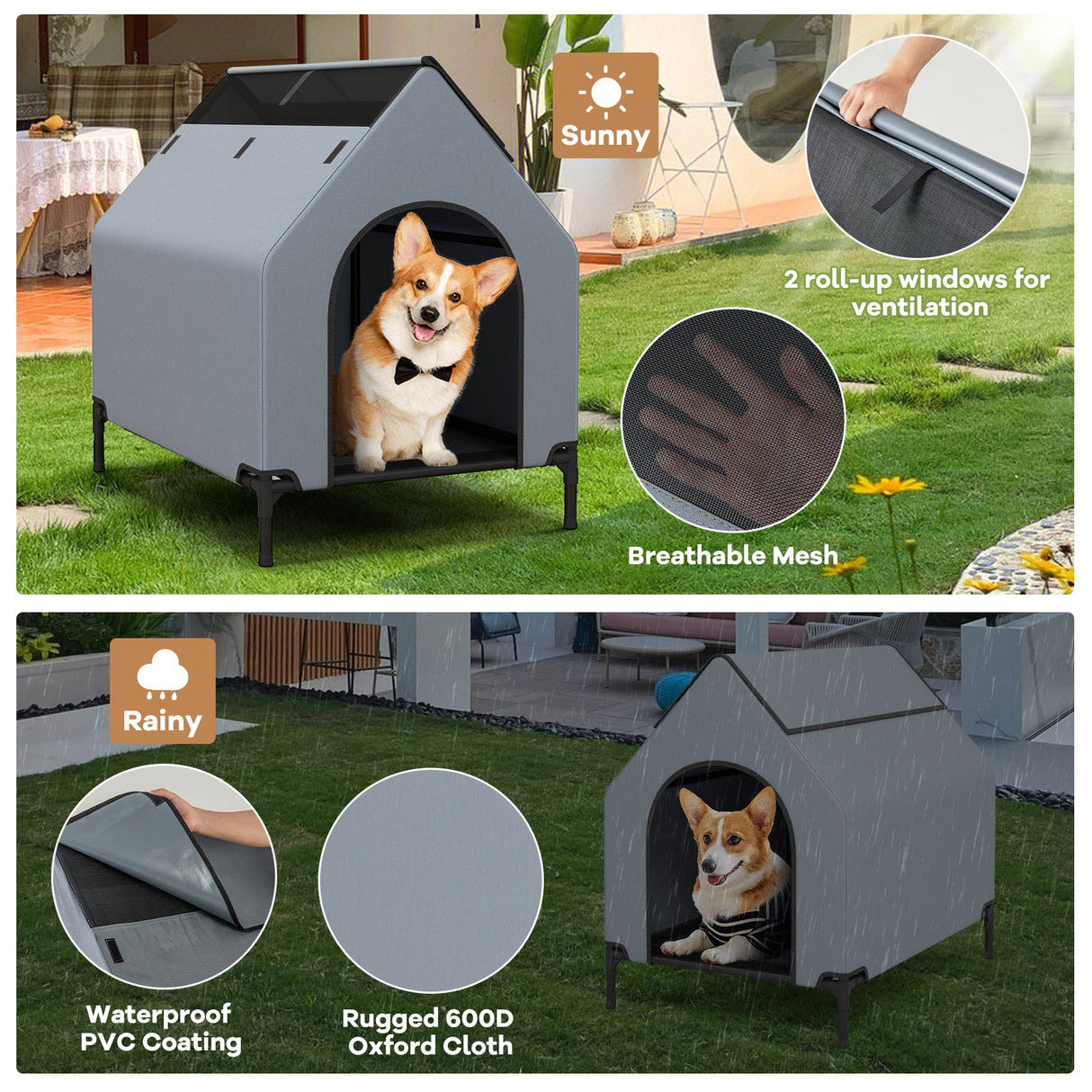 Casa exterior elevada para mascotas grande/mediana/pequeña con ventanas ventiladas