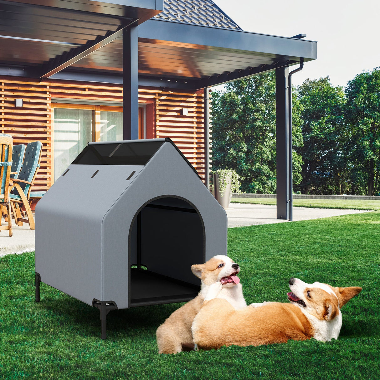 Casa exterior elevada para mascotas grande/mediana/pequeña con ventanas ventiladas