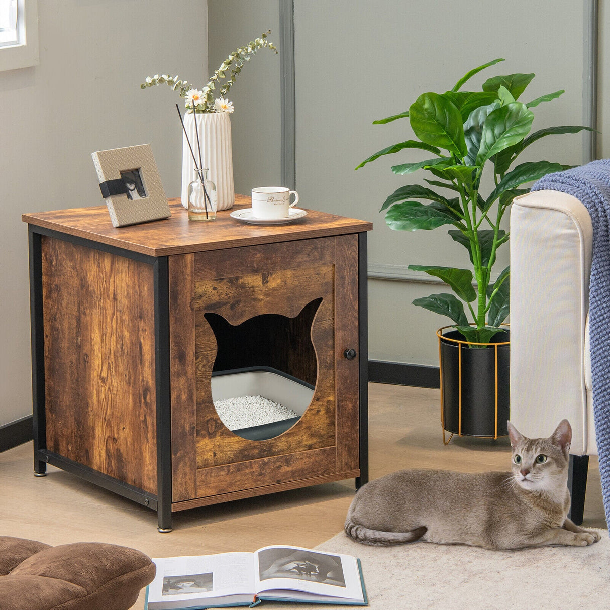 Arenero para gatos con puerta y orificio de ventilación - Marrón