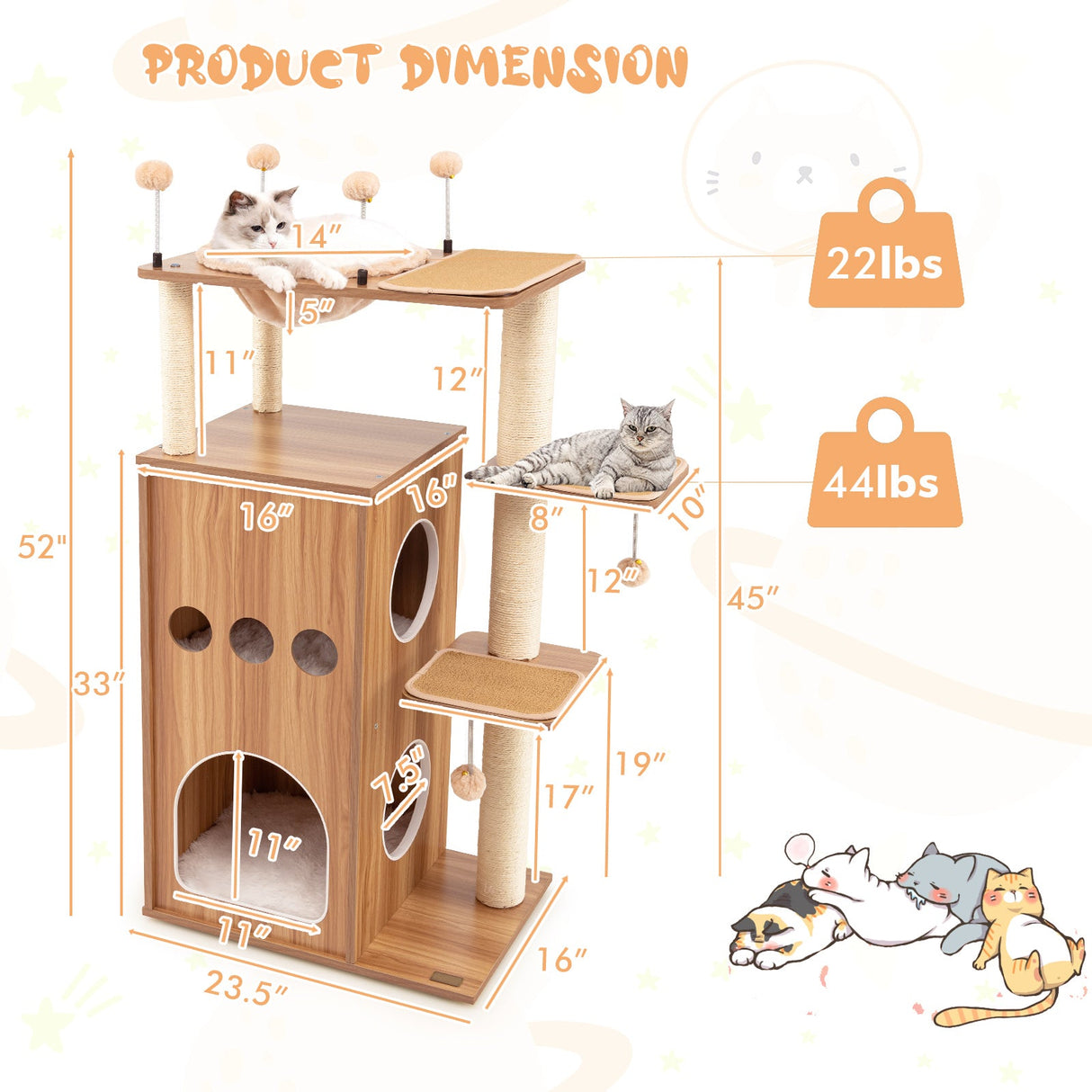 Centro de juegos para gatos multinivel moderno de 52 pulgadas con hamaca de lujo - Natural
