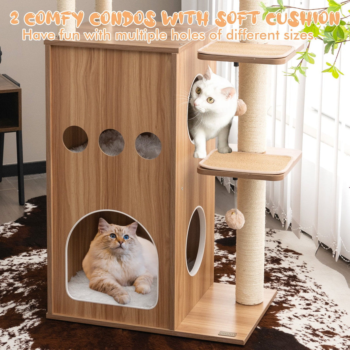 Centro de juegos para gatos multinivel moderno de 52 pulgadas con hamaca de lujo - Natural