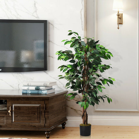 Árbol de Ficus Artificial de Seda de 4 pies con Troncos para Interior/Exterior