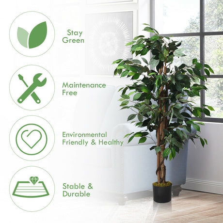 Árbol de Ficus Artificial de Seda de 4 pies con Troncos para Interior/Exterior