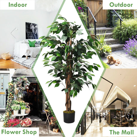 Árbol de Ficus Artificial de Seda de 4 pies con Troncos para Interior/Exterior