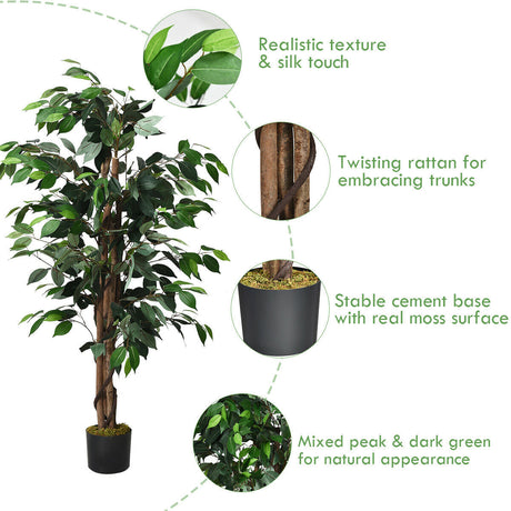 Árbol de Ficus Artificial de Seda de 4 pies con Troncos para Interior/Exterior