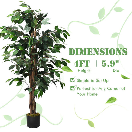 Árbol de Ficus Artificial de Seda de 4 pies con Troncos para Interior/Exterior