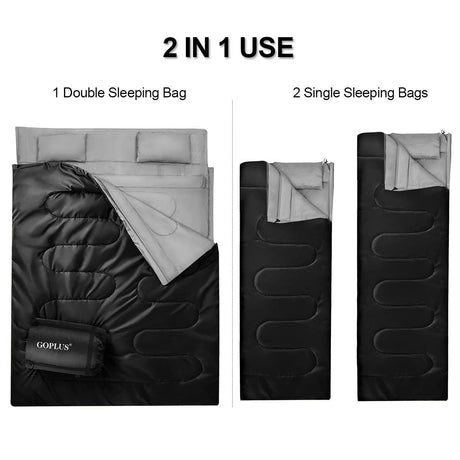 Saco de dormir impermeable para 2 personas con 2 almohadas - Negro
