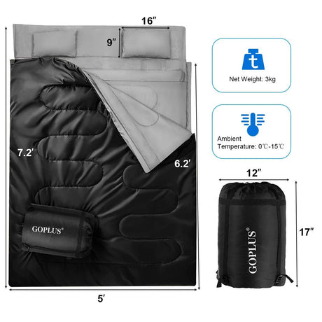 Saco de dormir impermeable para 2 personas con 2 almohadas - Negro
