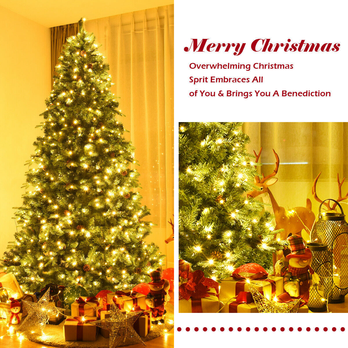Árbol de Navidad Artificial de 2.29 m con Luces LED y Piñas