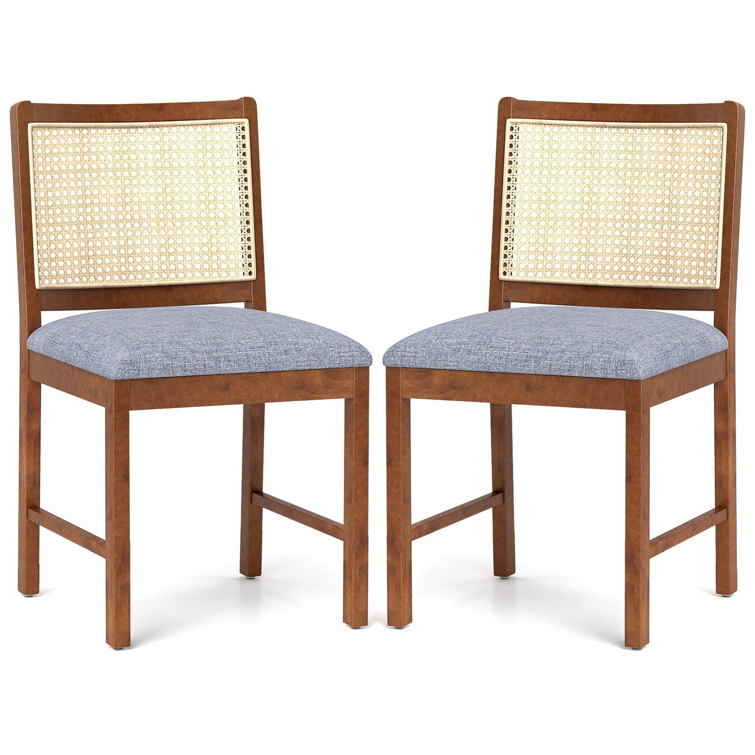 Rattan Dining Chair Set of 2 with Rubber Wood Frame and Linen Fabric Padded Seat-Walnut