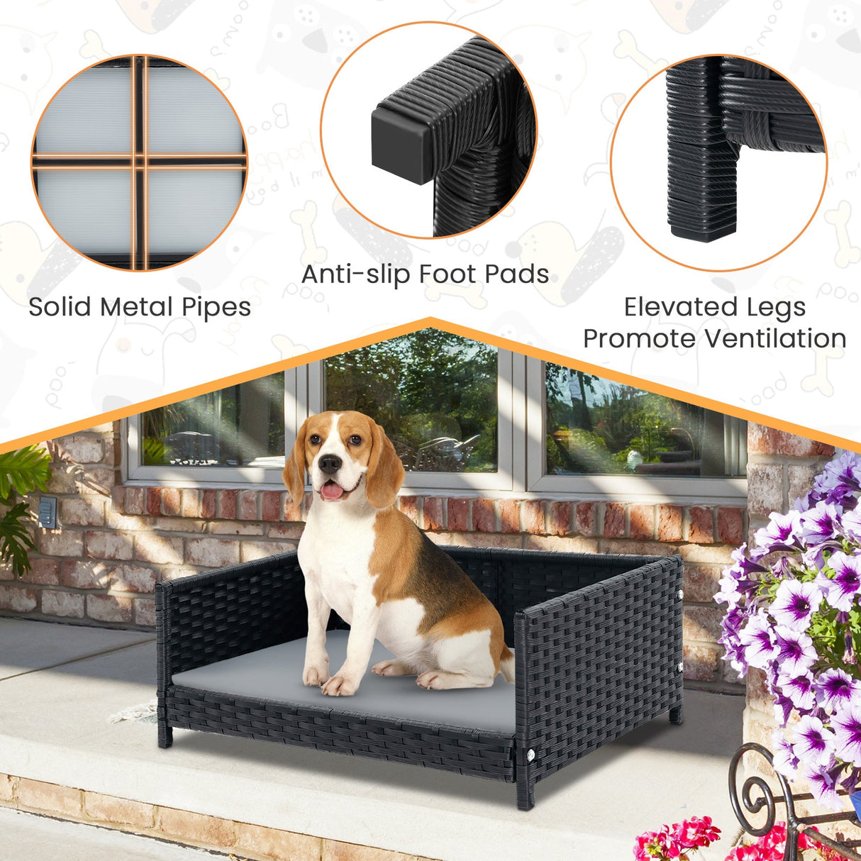 Cama de mimbre para perros con cojín suave impermeable para perros y gatos pequeños y medianos - Gris