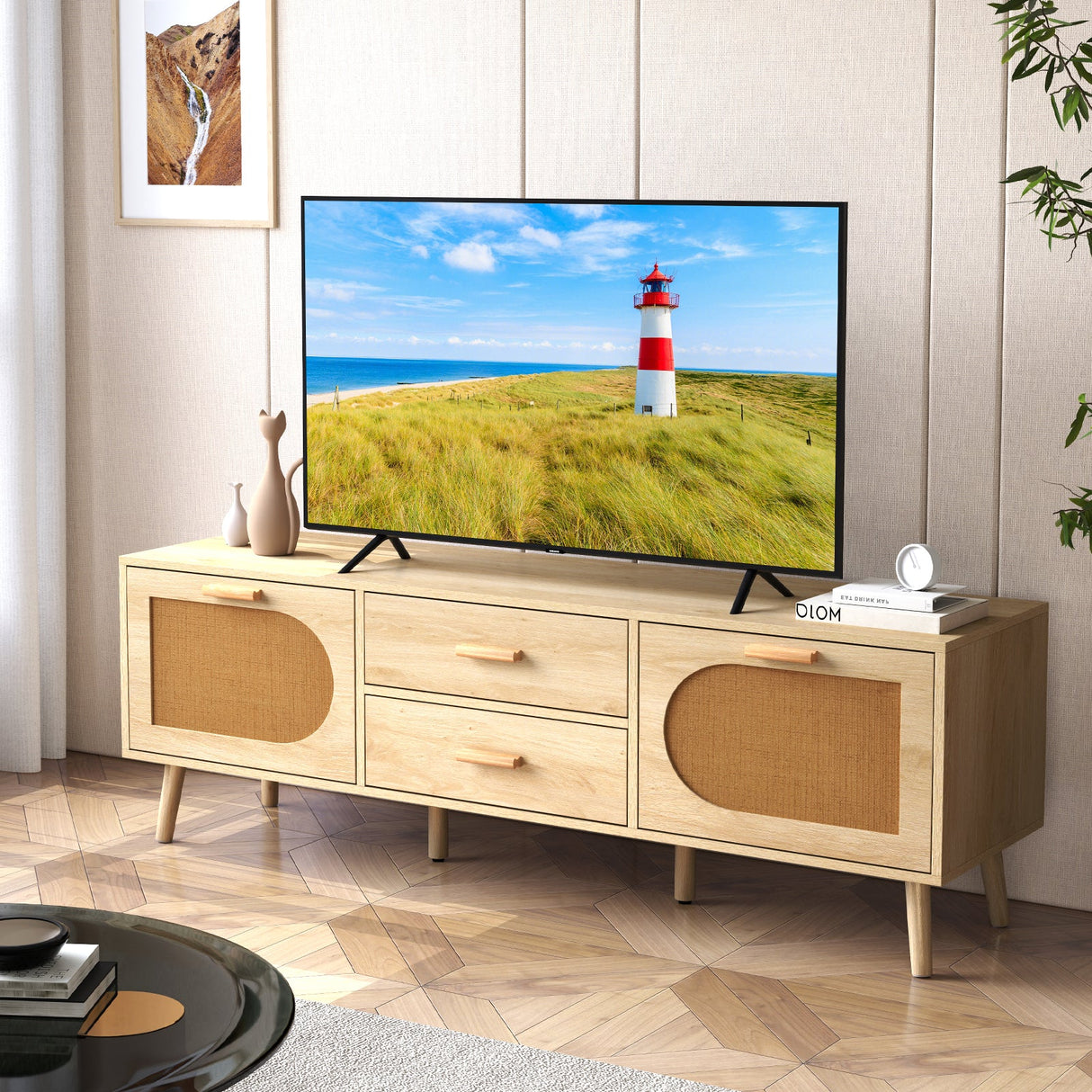 Mueble de TV de ratán para TV de 65 pulgadas con cajones y patas de madera maciza - Natural