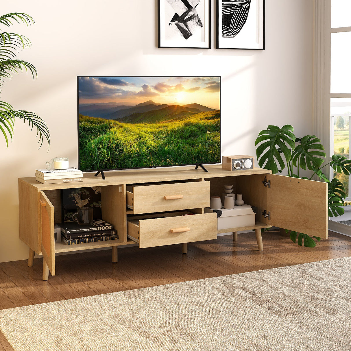 Mueble de TV de ratán para TV de 65 pulgadas con cajones y patas de madera maciza - Natural