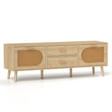 Mueble de TV de ratán para TV de 65 pulgadas con cajones y patas de madera maciza - Natural