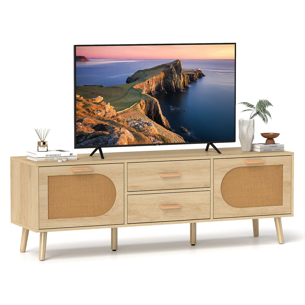 Mueble de TV de ratán para TV de 65 pulgadas con cajones y patas de madera maciza - Natural