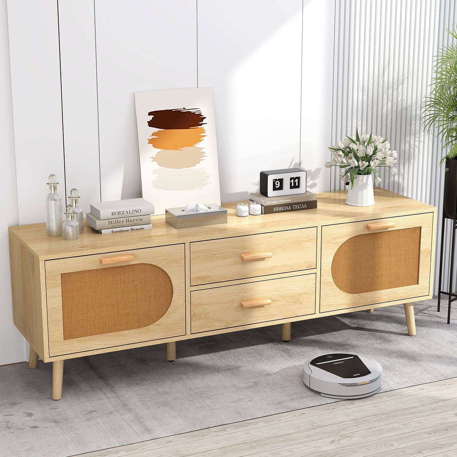 Mueble de TV de ratán para TV de 65 pulgadas con cajones y patas de madera maciza - Natural