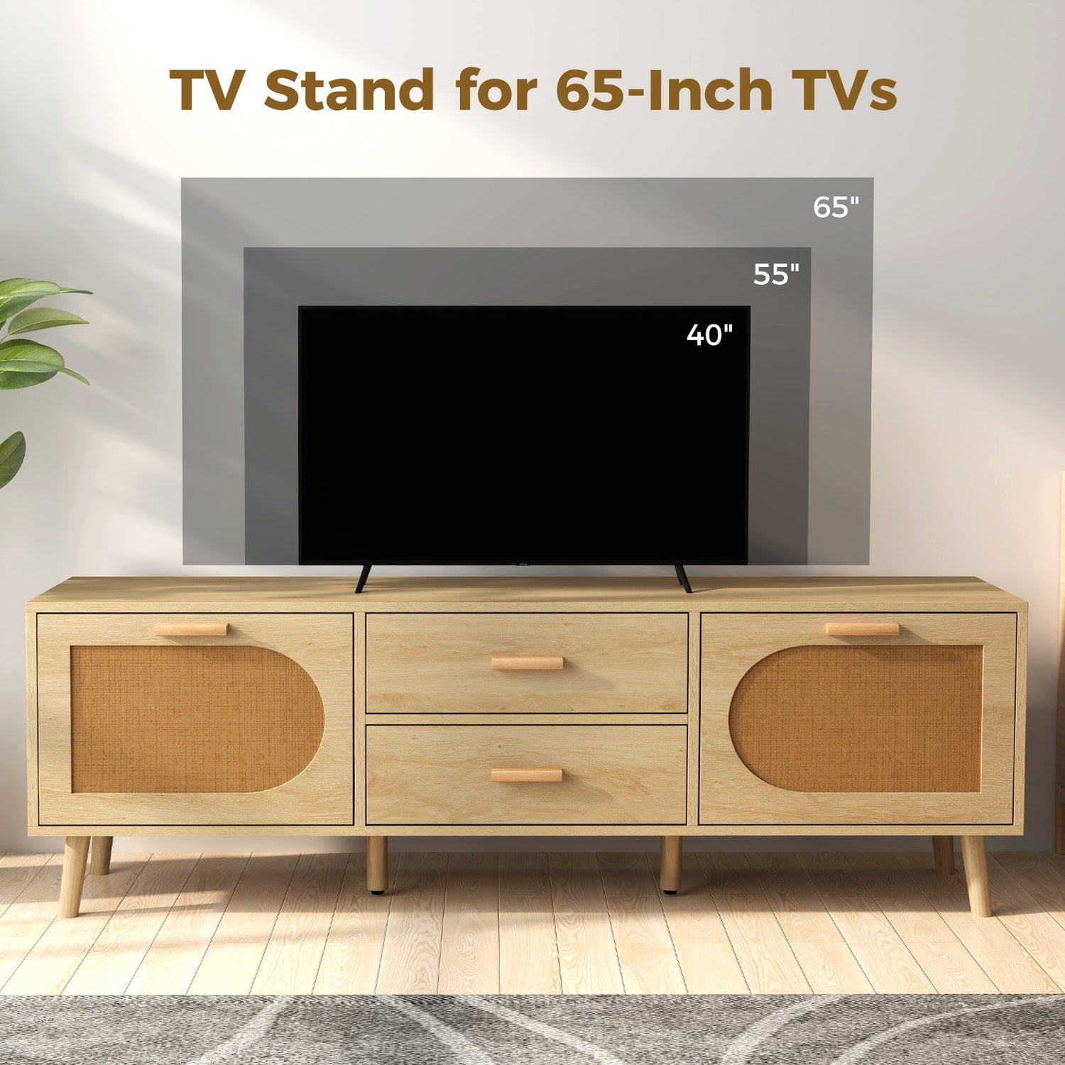 Mueble de TV de ratán para TV de 65 pulgadas con cajones y patas de madera maciza - Natural