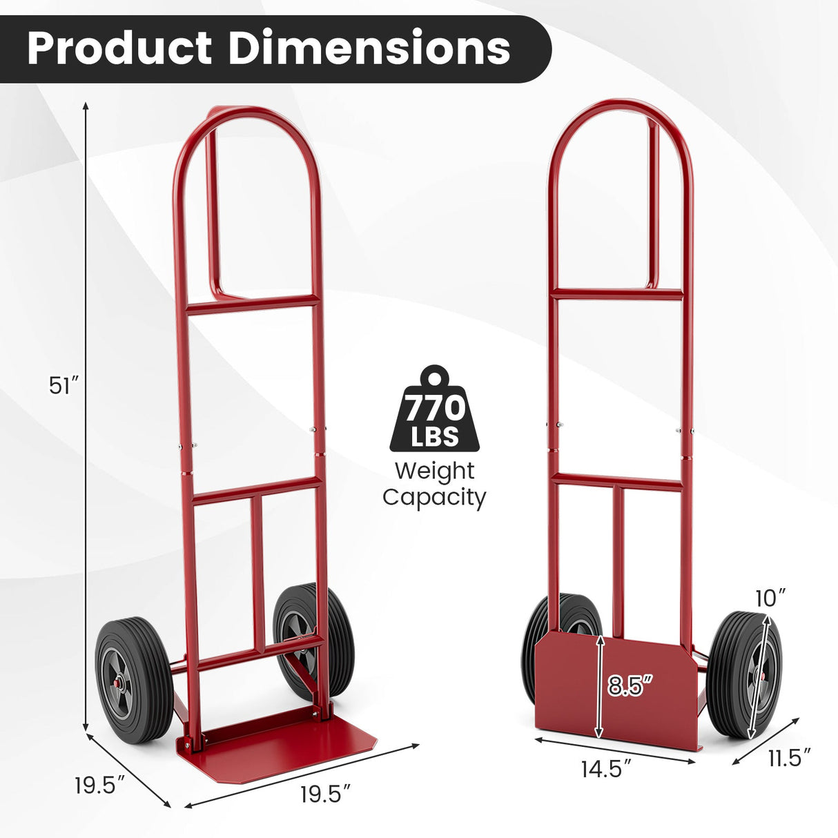 Carretilla de mano con asa P, ruedas de 10 pulgadas y plataforma de carga plegable - Roja