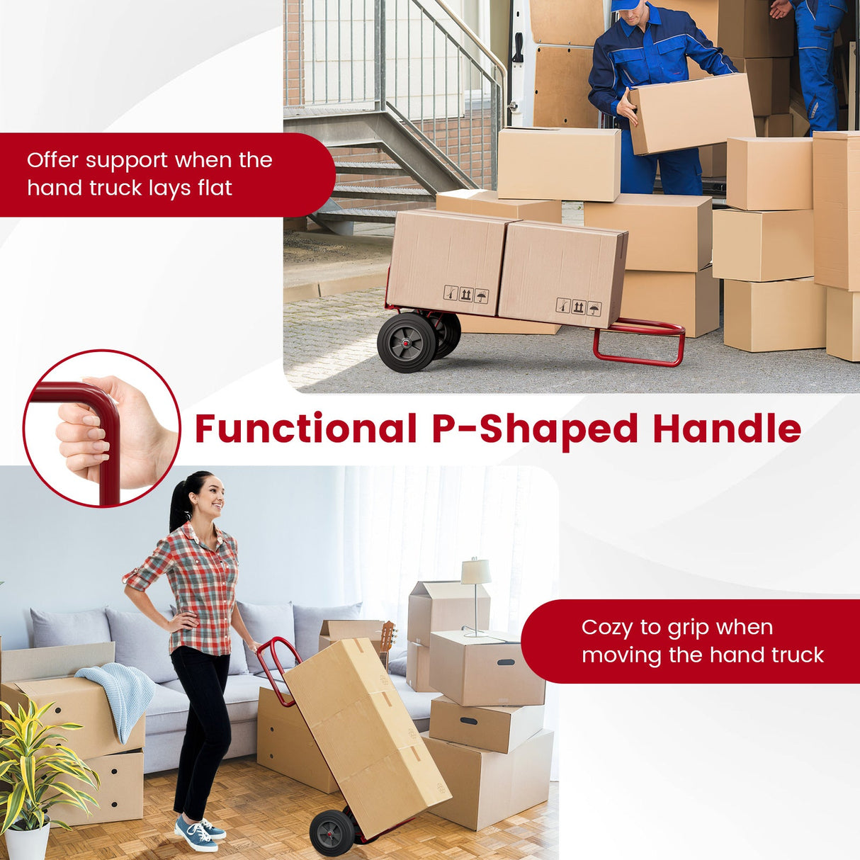 Carretilla de mano con asa P, ruedas de 10 pulgadas y plataforma de carga plegable - Roja